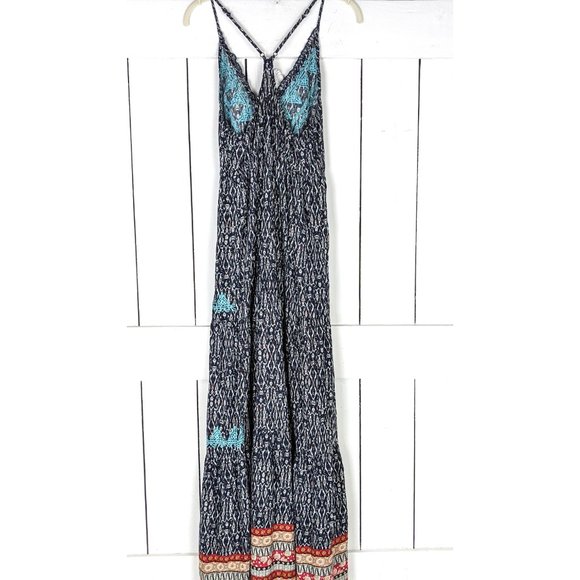 En Creme long blue embroidered tribal IKAT print strappy maxi boho dress - Picture 5 of 6